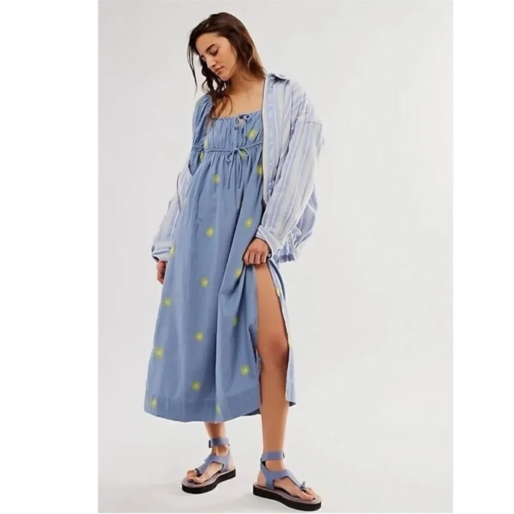 Free People NWT Emory Embroidered Maxi Dress size M in the color blue and yellow - Picture 4 of 9